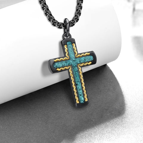 14K Gold Plated Turquoise Malachite Abalone Shell Cross Pendant Necklace for Men