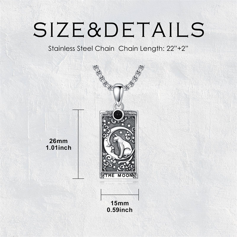 Sterling Silver Obsidian Lover Justice Cat Sun Moon Tarot Card Pendant Necklace