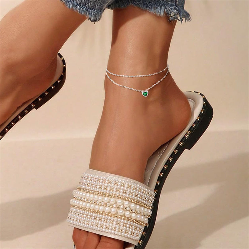 Sterling Silver Birthstone Double Layer Anklet for Beach Weddings, Summer Vacations & Pool Parties