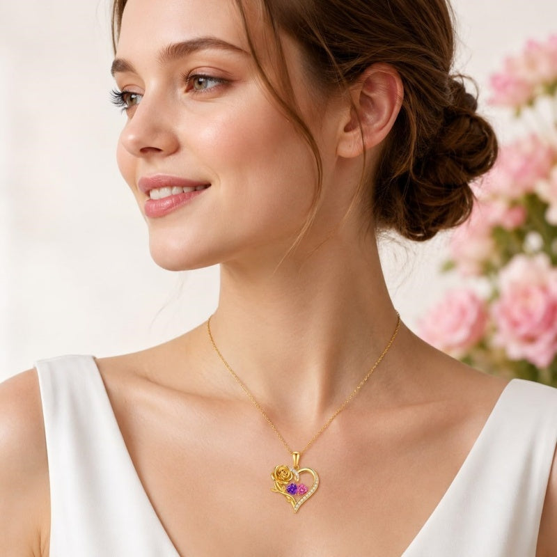 14K Gold Plated Double Heart Birthstone Rose Pendant Necklace for Women