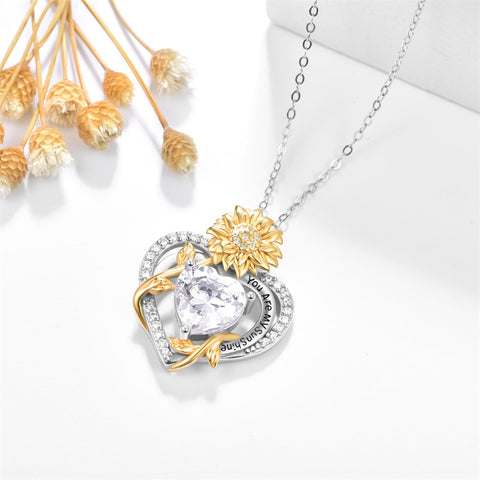 Sterling Sliver Birthstone Love Heart & Sunflower Pendant Necklace Engraved With You Are My Sunshine