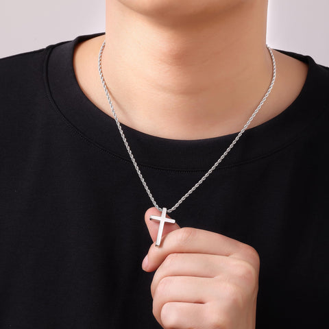 Sterling Silver Cross Pendant Necklace with Stainless Steel 2.5mm Rope Chain