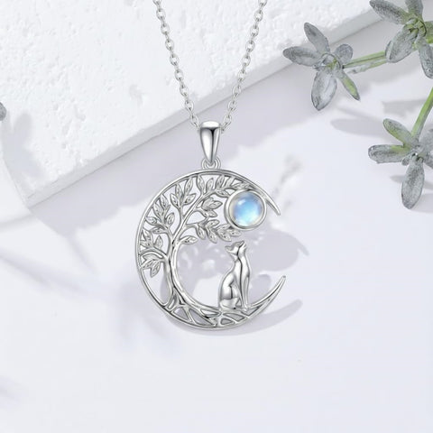 Sterling Silver Moonstone Tree of Life Wolf Cat Fox Rabbit Monkey Pendant Necklace Gift for  Birthday Christmas