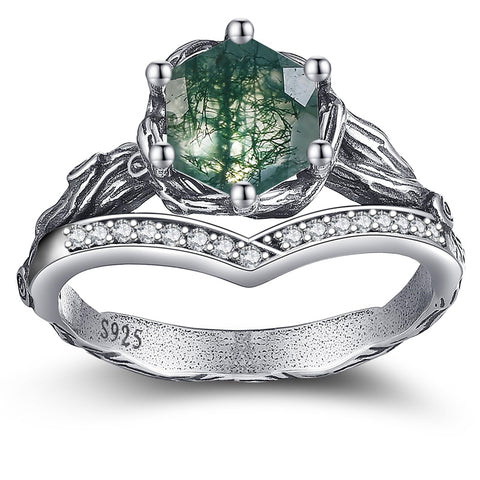 Sterling Silver Moss Agate Moonstone Branch Engagement Wedding Promise Ring  for Her