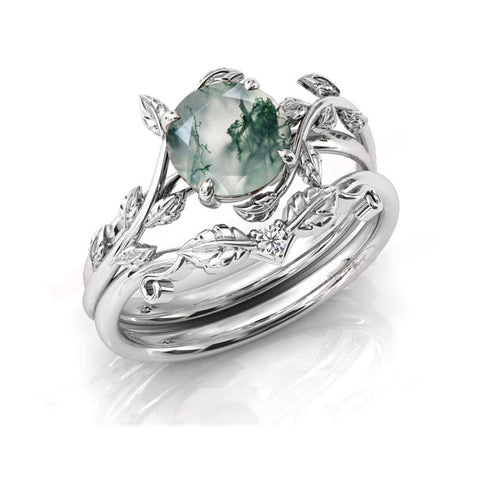 Natural Moss Agate/Blue Sandstone Ring 925 Sterling Silver Engagement Ring Set Promise Wedding Ring Gift for Women