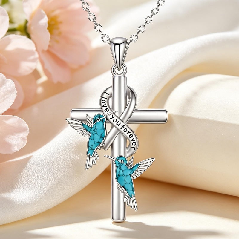 Sterling Silver  Hummingbird Blue Jay Dragonfly Butterfly Cross Necklace Engraved with I Love You Forever