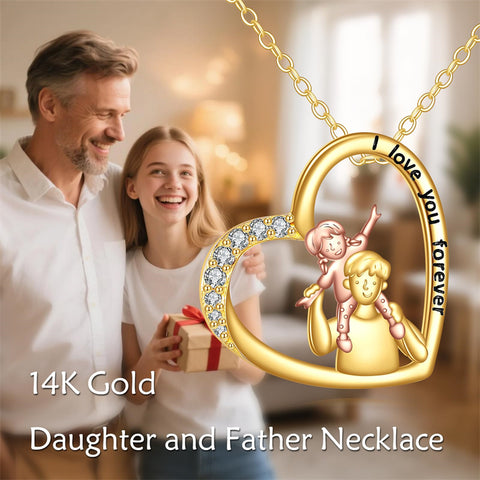 10K 14K 18K Real Gold Cubic Zirconia Daughter and Father Pendant Necklace with Engraved