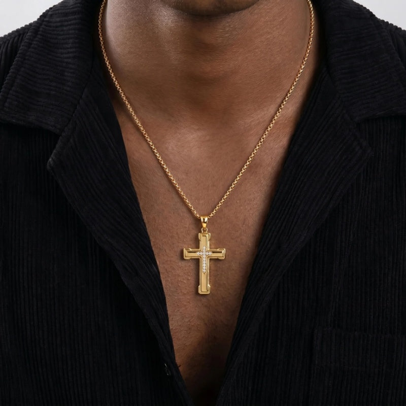 14K Gold Plated Cubic Zircon Cross Pendant Necklace for Men Birthdays Anniversary Christmas Father's Day Gift