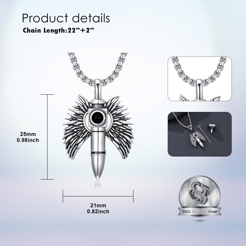Sterling Silver Animal Angel Wings Pet Jesus Bullet Urn Necklaces for Ashes for Men