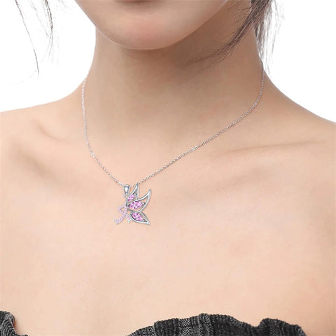 Sterling Silver Butterfly Glove Fight Sunflower Pink Ribbon Pink Breast Cancer Awareness Pendant Necklace