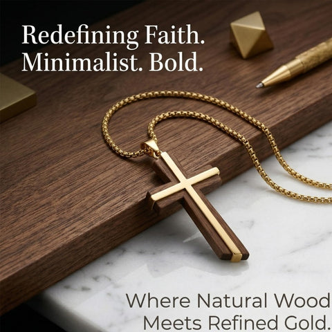 Wood 14K Gold Plated Cross Pendant Necklace