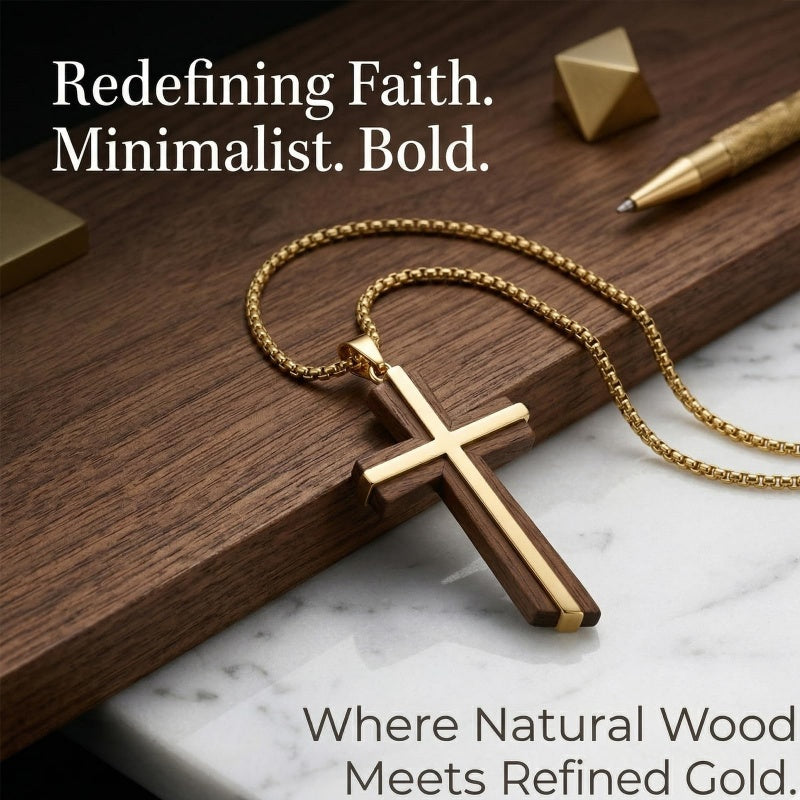 Wood 14K Gold Plated Cross Pendant Necklace