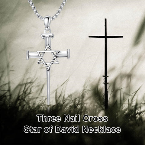 Sterling Silver Star Of David  Cross Pendant Necklace