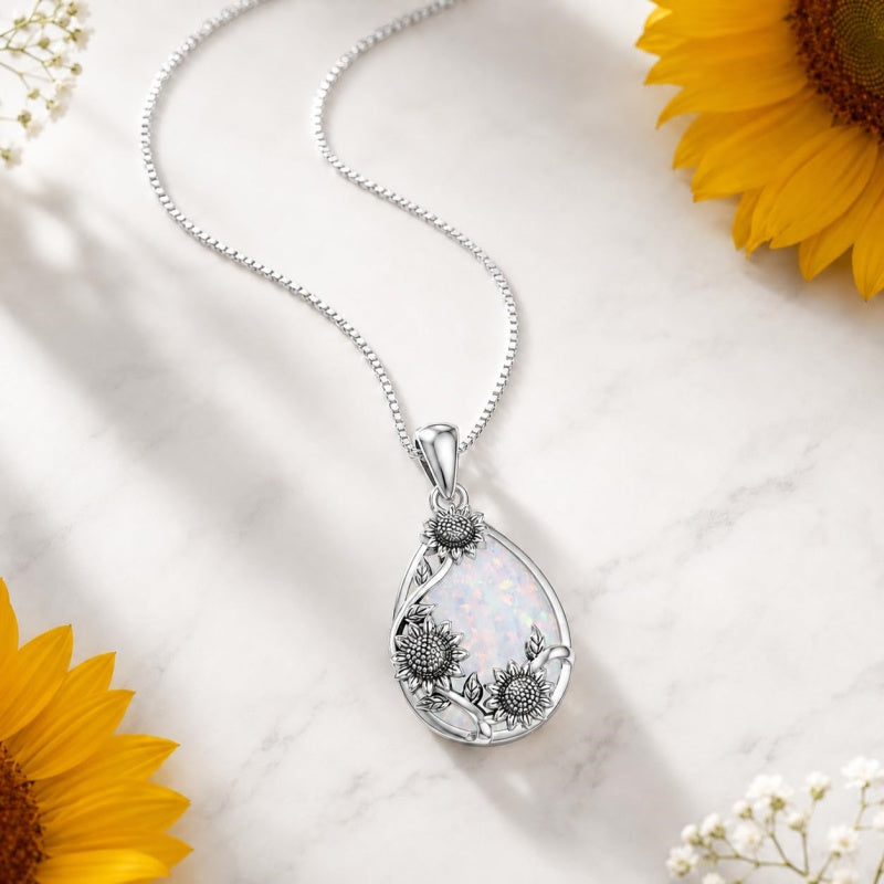 14K  White Gold Plated White Opal Flower Pendant Necklace Birthday Anniversary Jewelry Gifts for Women