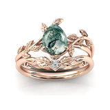 Natural Moss Agate Ring 925 Sterling Silver Moss Agate Engagement Ring Set Promise Wedding Ring Jewelry Gift for Women