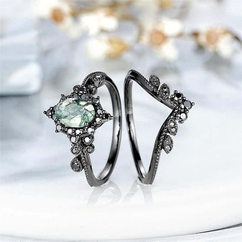 Sterling Silver 10K 14K 18K Gold Vintage Nature Moss Agate Engagement Ring Sets for Women