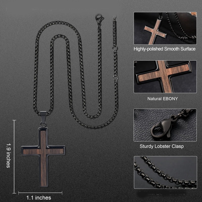 14K Gold Plated Wooden Cross Necklace for Men with Stainless Steel Adjustable Chain