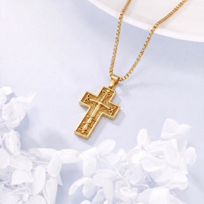 14k Gold Plated Cross Deer Antler Celtic Knot Sword Twisted Rope Cross Pendant Necklace for Men