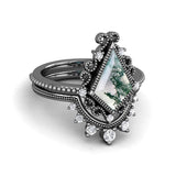 Sterling Silver 10K 14K 18K Gold Vintage Nature Moss Agate Engagement Ring Sets for Women