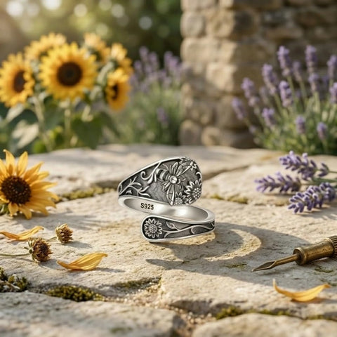 Sterling Silver Turquoise Hummingbird Butterfly Sunflower Adjustable Spoon Ring