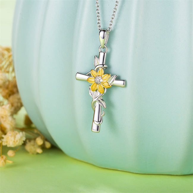Cross Necklace for Women Sunflower Cross Necklace 925 Sterling Silver Dainty Sunshine Pendant for Women Mom Sunflower Gifts for Women