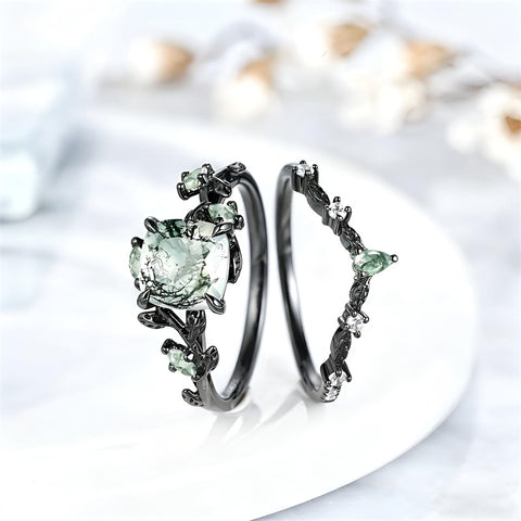 Sterling Silver 10K 14K 18K Gold 2CT Moss Agate Vine Leaf Women's Bridal Ring Sets for Wedding Engagement