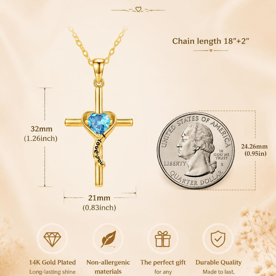 14K Gold Plated Dainty Heart Birthstone Pendant Cross Necklace for Women Religious Gift