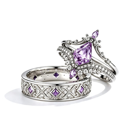 Sterling Silver 10K 14K 18K Gold Purple Gemstone Amethyst  Rings Set Couple Promise Rings Wedding Anniversary Rings