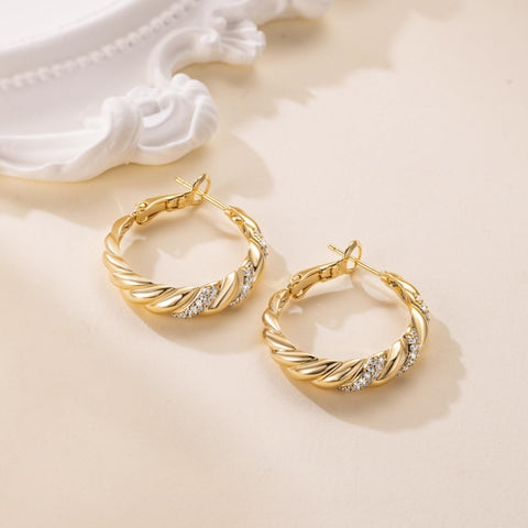 14K Gold Plated Cubic Zirconia Spiral Twisted Chunky Hoops Earring for Women