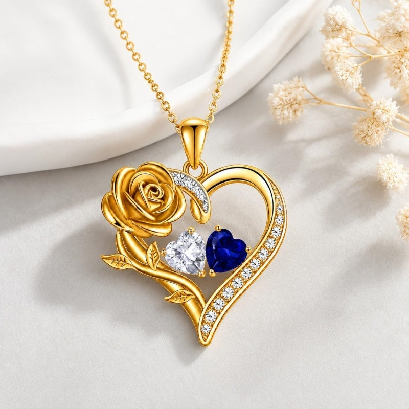 14K Gold Plated Double Heart Birthstone Rose Pendant Necklace for Women