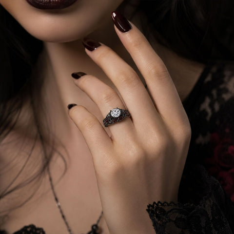 Sterling Silver 10K 14K 18K Gold Custom Engraved  Moissanite Gothic Ring for Women Halloween Gift