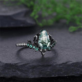 Sterling Silver 10K 14K 18K Gold Natural Leaf  Moss Agate Engagement Anniversary Couple Ring Sets