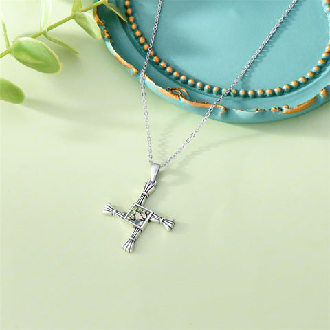 Sterling Silver Moss Agate Abalone Shell St Brigid’s Cross Christian Protection Pendant Necklace