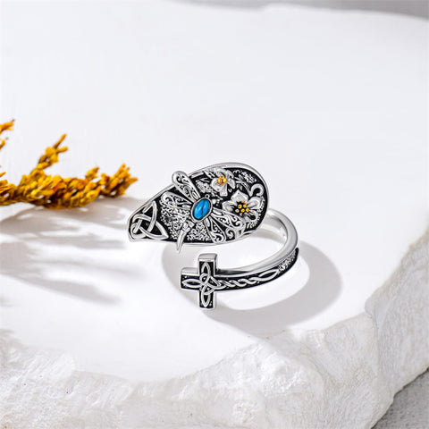 Sterling SilverJesus Cross Bee Cross  Dragonfly Cross Moonstone Sunflower Tree of Life Sunflower Adjustable Spoon Ring
