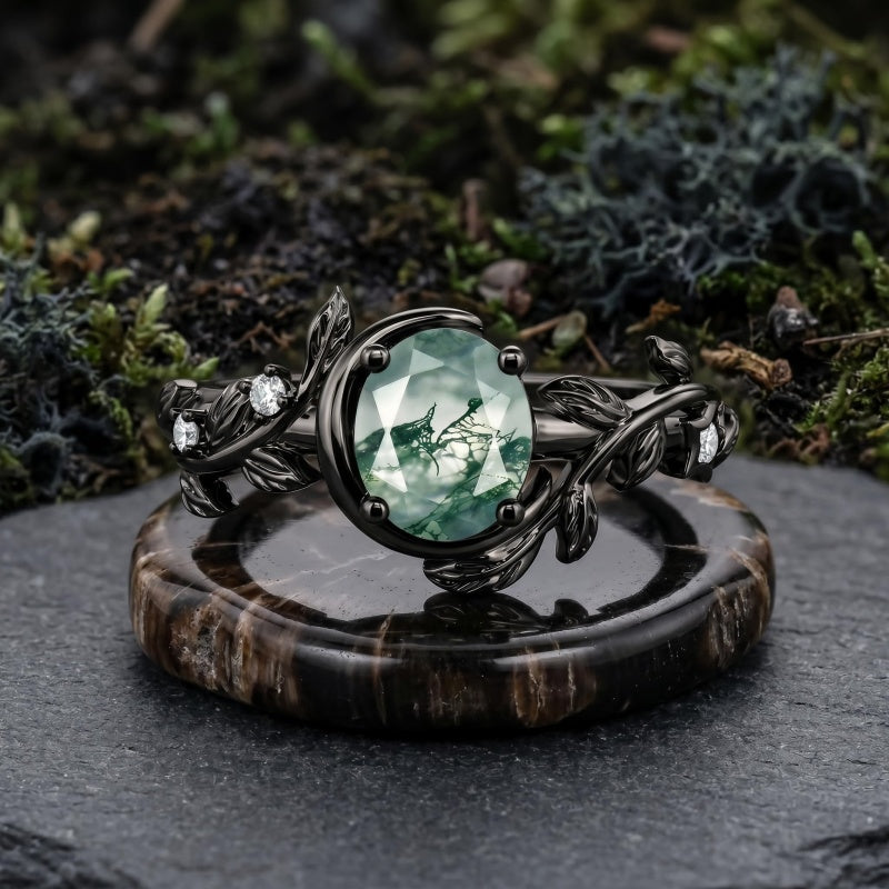 Sterling Silver 10K 14K 18K Gold 1-4CT Moss Agate Engagement Ring Promise Ring