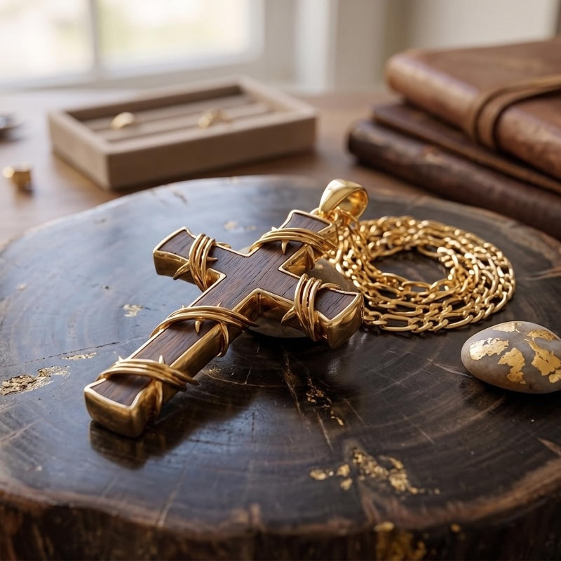 14K Gold Plated Wooden Cross Pendant Necklace Christian Catholic Jewelry Religious Gift