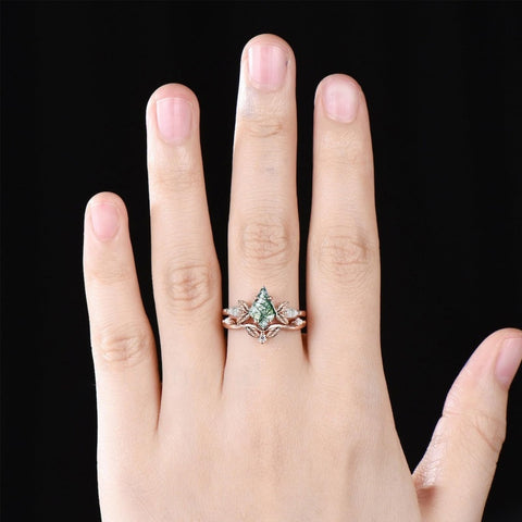 Sterling Silver 2CT Moss Agate  Engagement Wedding Ring Sets for Women