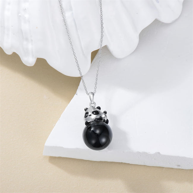 Christmas Gifts for Women Girls Mother Panda Necklace Sterling Silver Black Agate Panda Pendant Cute Panda Jewelry for Women