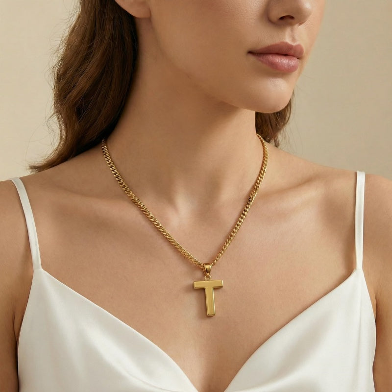 Initial Pendant Necklace 14K Gold Plated with Cuban Chain