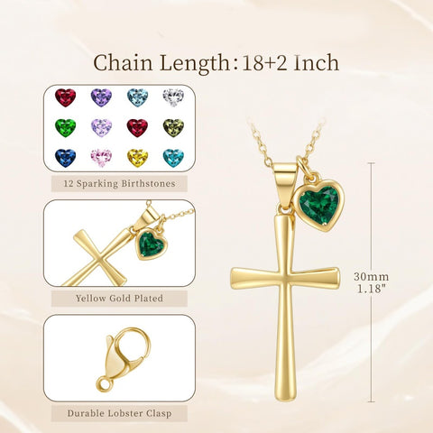 14K Gold  Plated Birthstone Cross Faith Necklace for Women