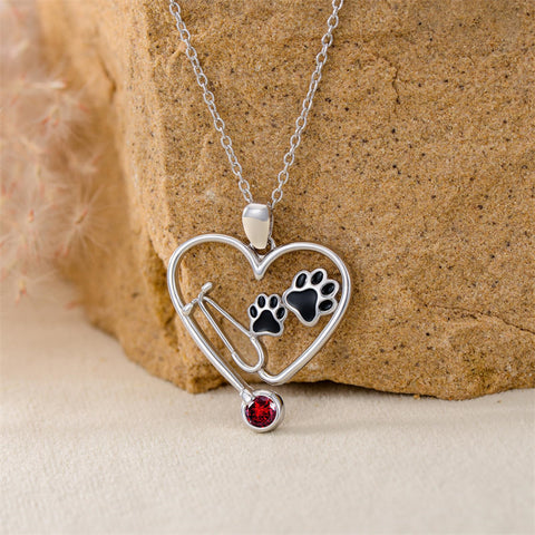 Sterling Silver Birthstone Veterinary& Dog Paw  Pendant Necklace