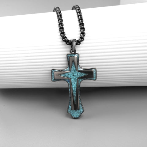 14K Gold Plated Turquoise Malachite Abalone Shell Cross Pendant Necklace for Men