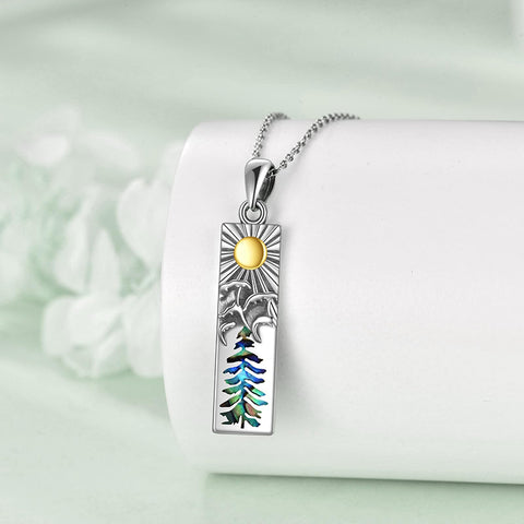 Sterling Silver Mountain Bear Pine Tree Sun Ocean Snowy Mountain Pendant Necklace