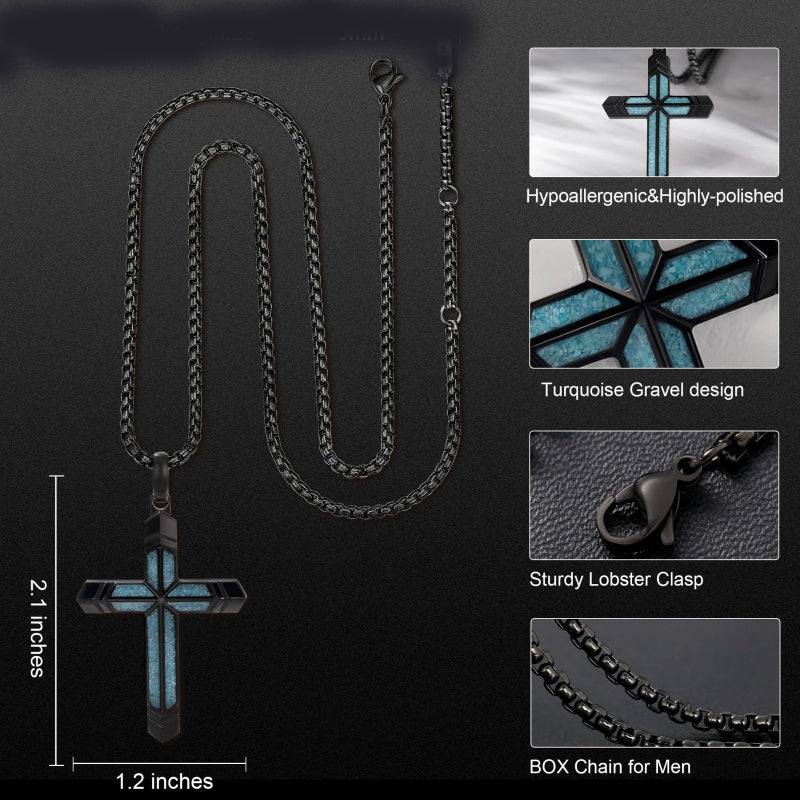14K Gold Plated Turquoise Malachite Cross Necklace for Men Christianity Cross Jewelry