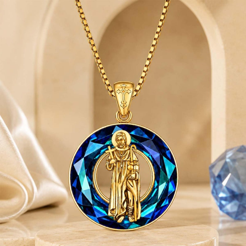 14K Gold Plated Blue Crystal Saint Protection Pendant Necklace Amulet Baptism Gift