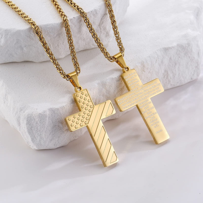 14K Gold Plated Personalized Engraved American Flag Cross Pendant Necklace