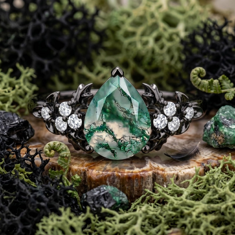Sterling Silver 10K 14K 18K Gold 1-4CT Moss Agate Engagement Ring Promise Ring