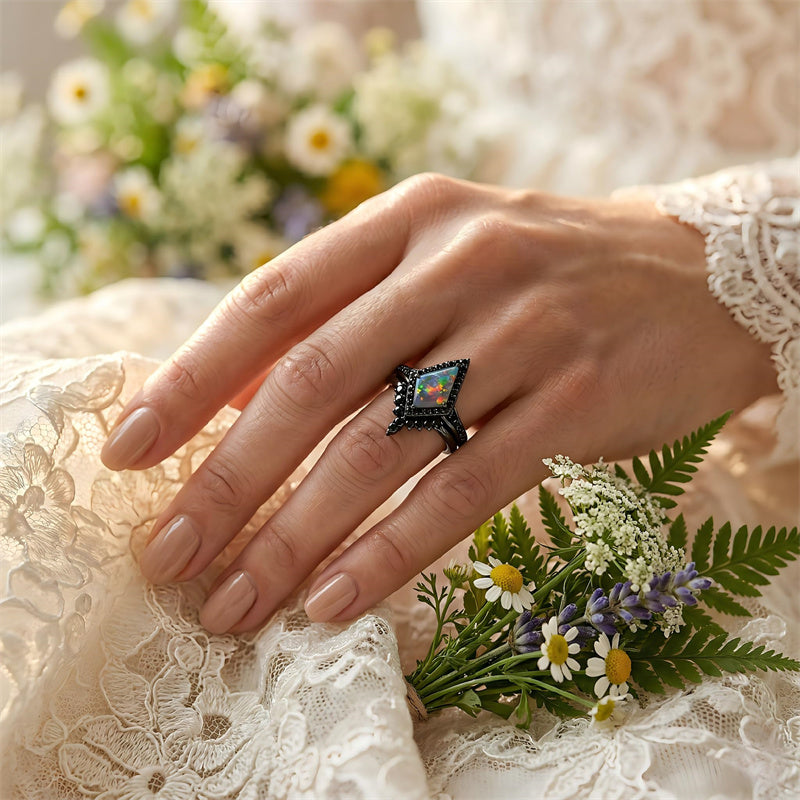 Sterling Silver 10K  14K  18K  Gold Personalized Engraved Black Opal Engagement Wedding Promise Ring for Her