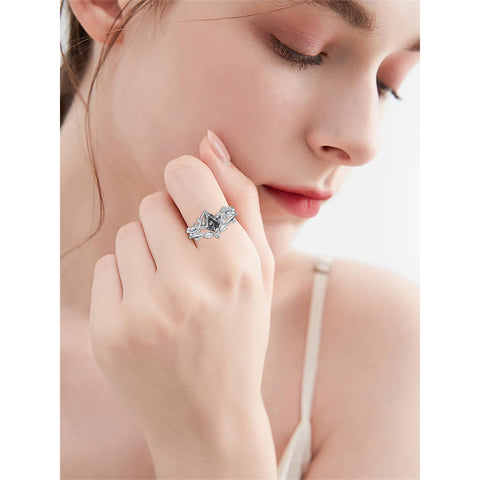 Sterling Silver Pear Oval Kite Heart Hexagon Emerald Coffin Cut Gemstone Engagement Promise Ring Set