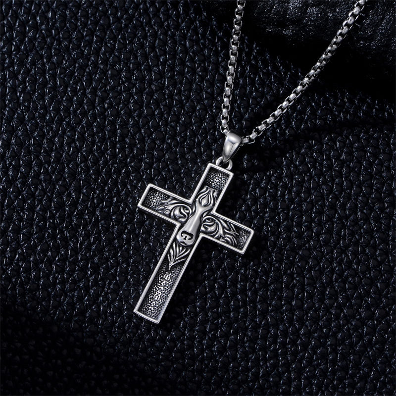 Sterling Silver Wooden Lion Orthodox Sword Wolf Cross Pendant Necklace